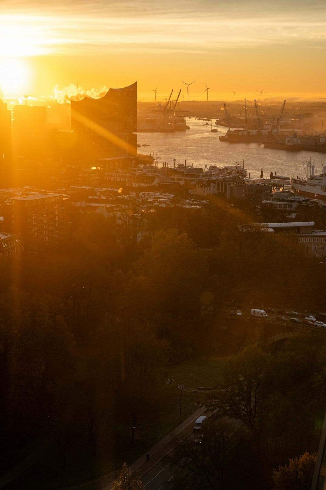 sunrise over city skyline